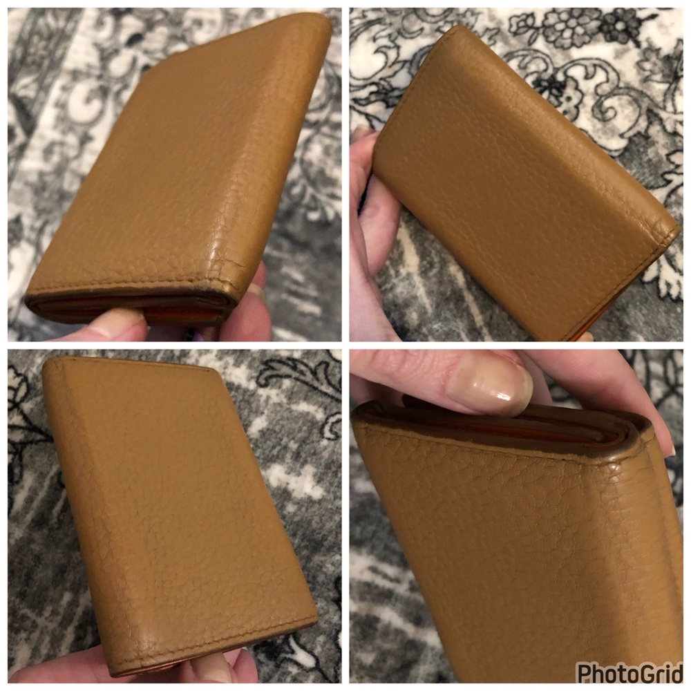 Prada AUTHENTIC Tan Leather Orange Interior Trifold Gold Logo Compact Wallet - Picture 8 of 16